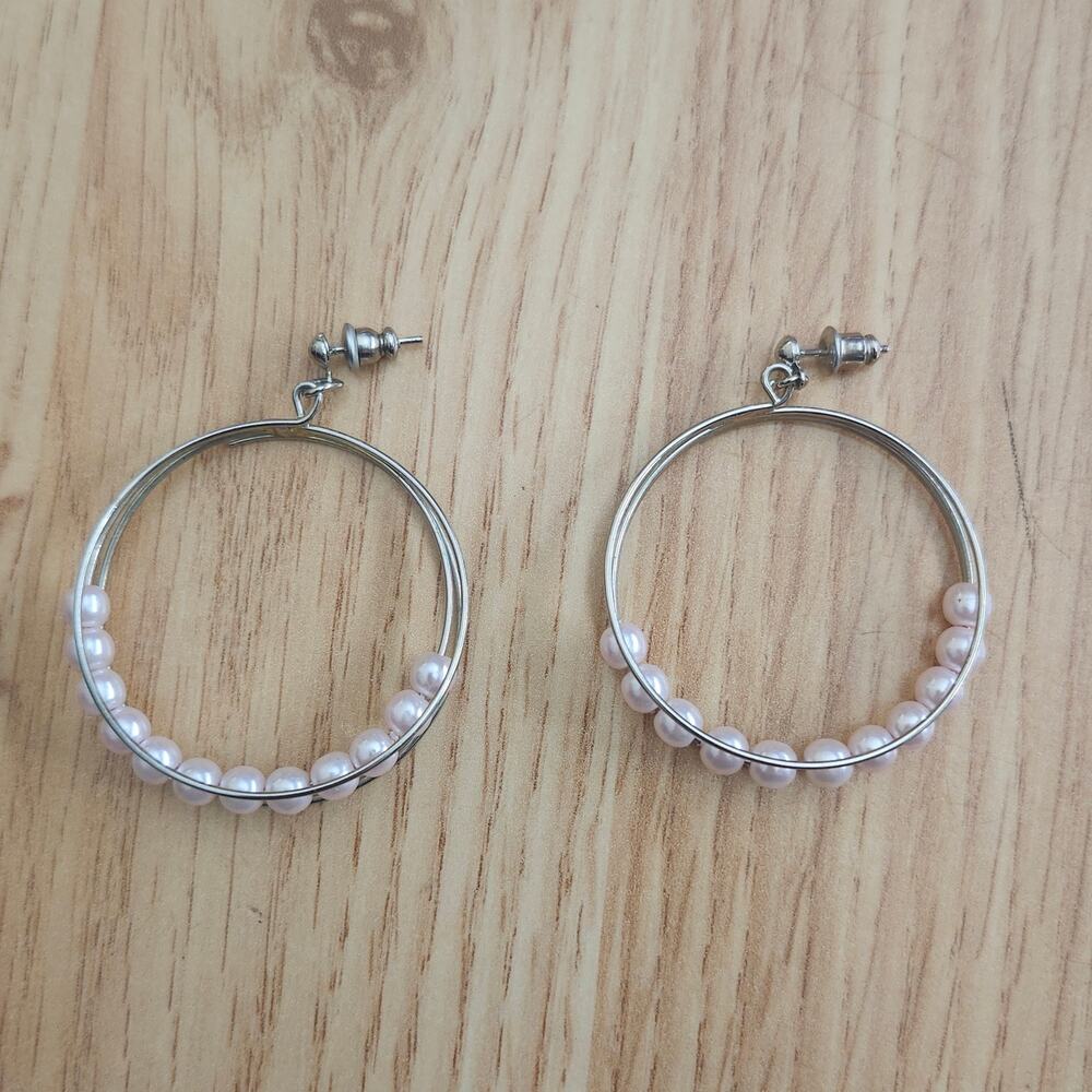 Light‎ Pink Faux Pearl Hoop Earrings Silver Tone 2 Inch Post Dangle Fashion